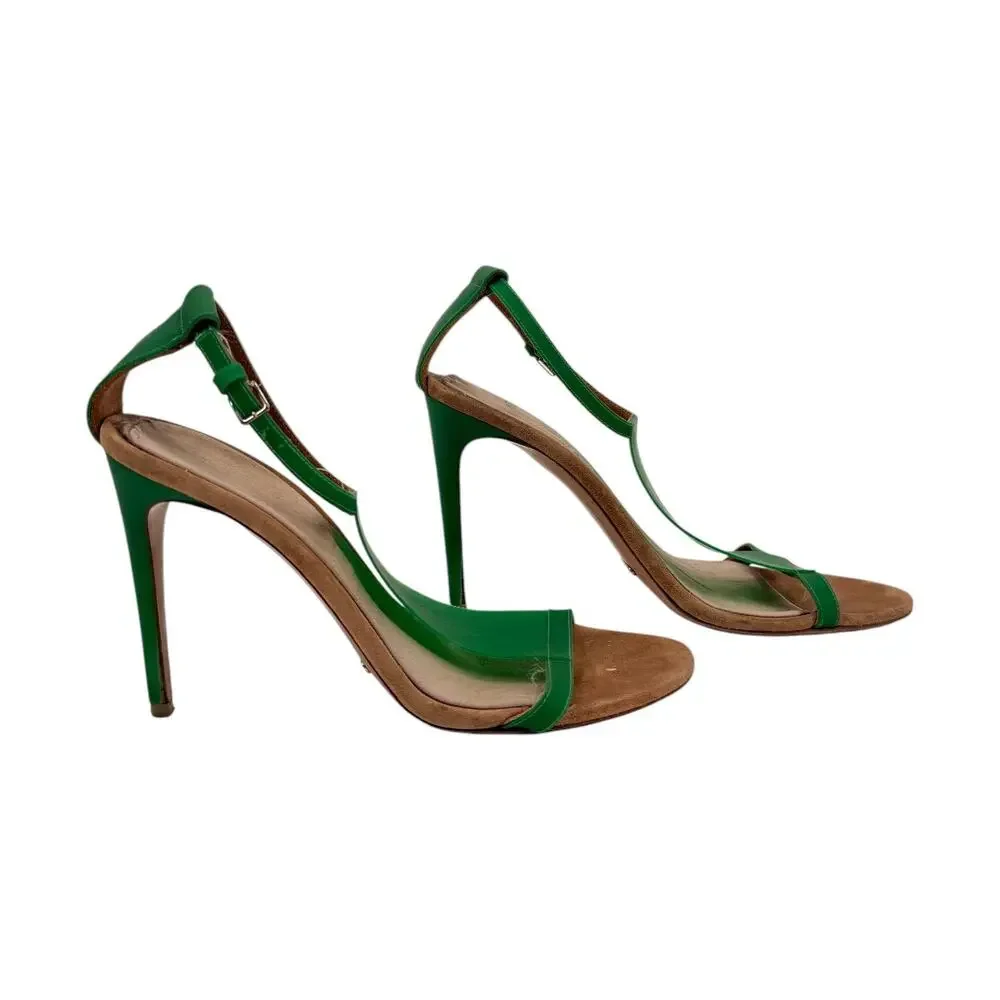 Burberry Leather Vinyl Prorsum Taylor T-Strap Sandals Green Women's Size 38.5